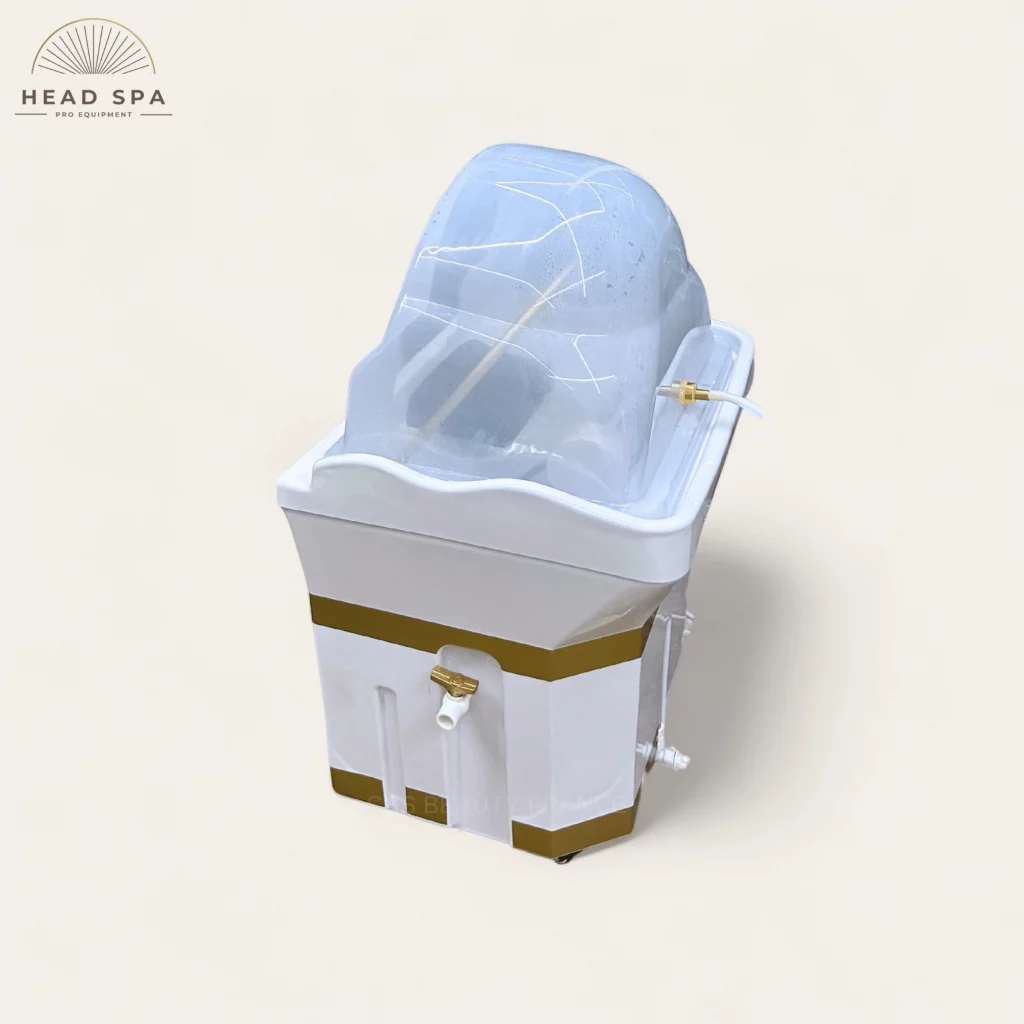 Bloc essentiel head spa Yako, cuve blanche et liserés dorés, robinet de vidange et roulettes