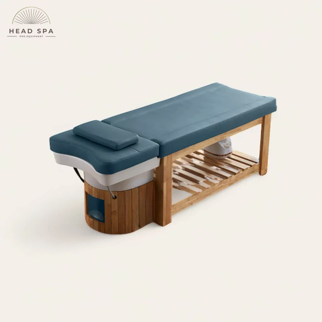 Table head spa Tokyo, structure bois et assise bleu pétrole, vue d'ensemble