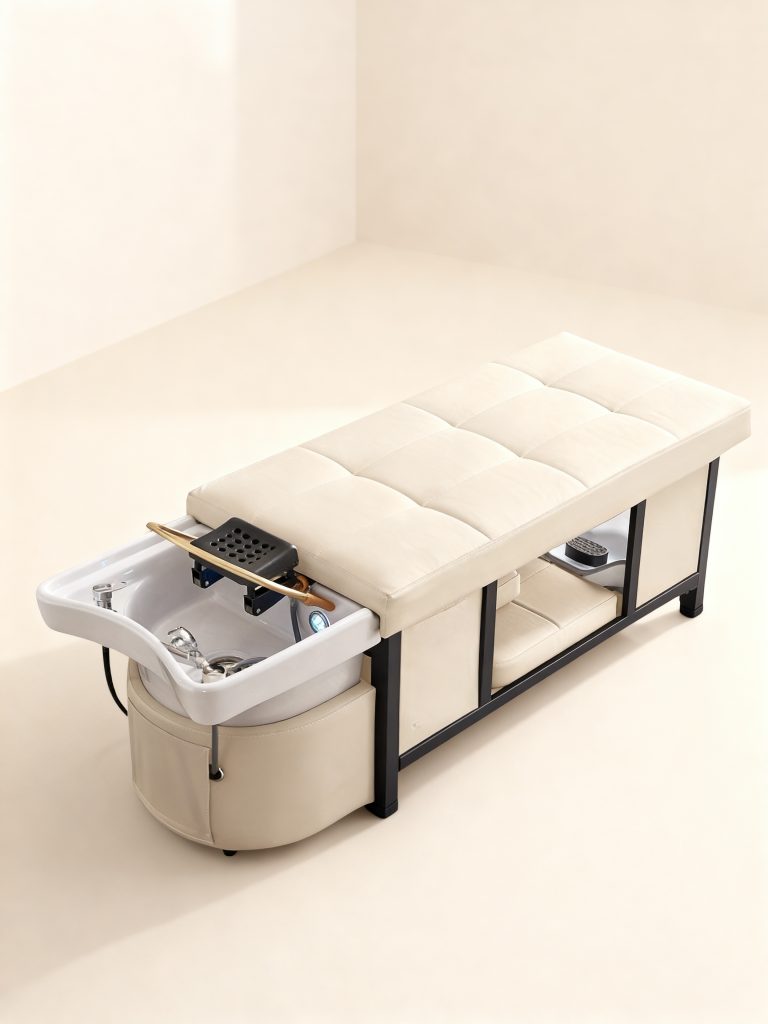 Table head spa Osaka, assise capitonnée crème et structure noire, bac céramique blanc