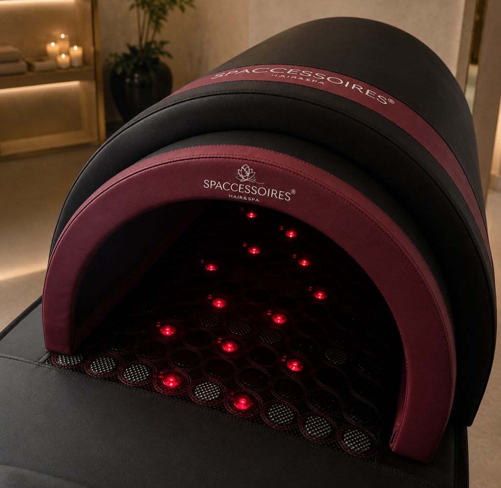 Capsule de soin par infrarouges noire et bordeaux installée dans un salon de bien-être.