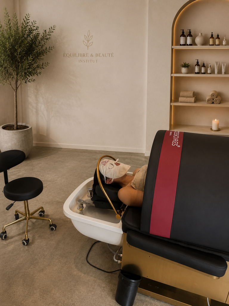 Cliente allongée profitant d'un soin capillaire relaxant dans un spa