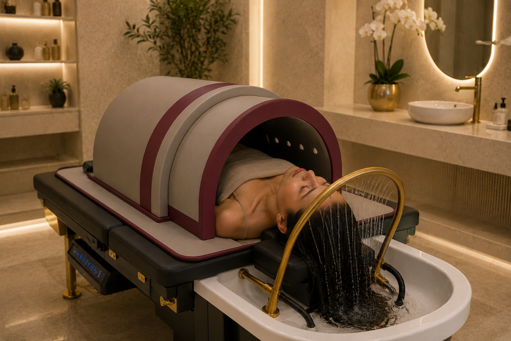 Une cliente reçoit un soin capillaire relaxant sous une capsule de bien-être dans un salon de luxe.