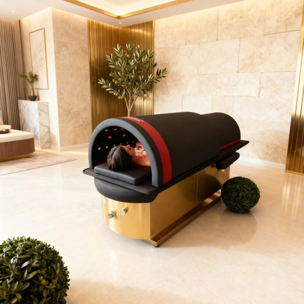 Détente d'une cliente dans un sauna dôme head spa au design doré et noir
