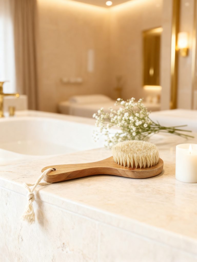 Brosse exfoliante Head Spa Equipment en bois et soies naturelles, posée au bord d'un bac de soin