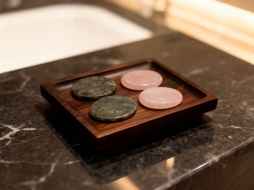 Pierres de massage en jade vert et quartz rose Head Spa Equipment sur un plateau en bois, en cabine de soin