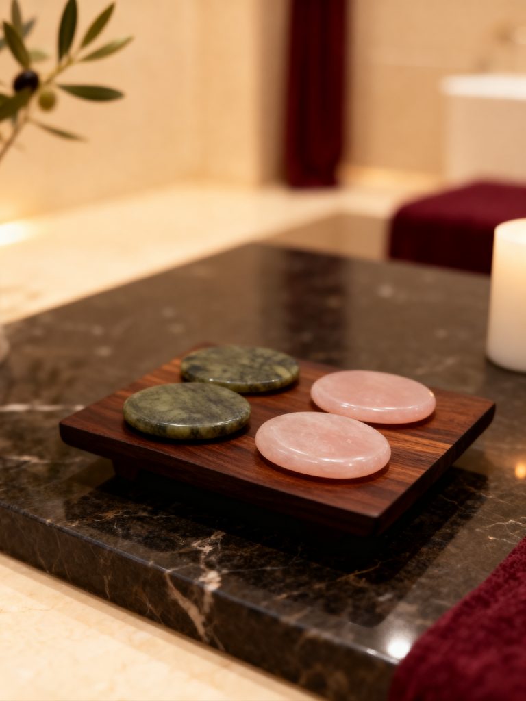 Pierres de massage en jade vert et en quartz rose posées sur un plateau en bois dans une cabine de soin Head Spa
