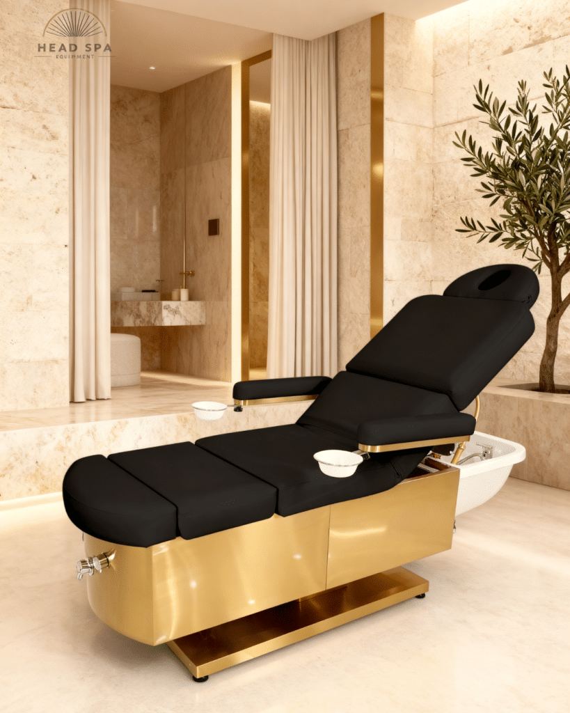 Fauteuil de spa haut de gamme avec base dorée pour un institut de beauté moderne.