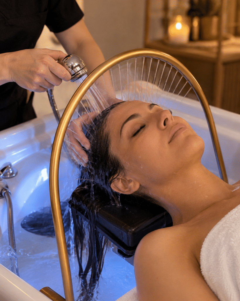 Praticienne effectuant un soin du cuir chevelu sur un lit Head Spa ergonomique
