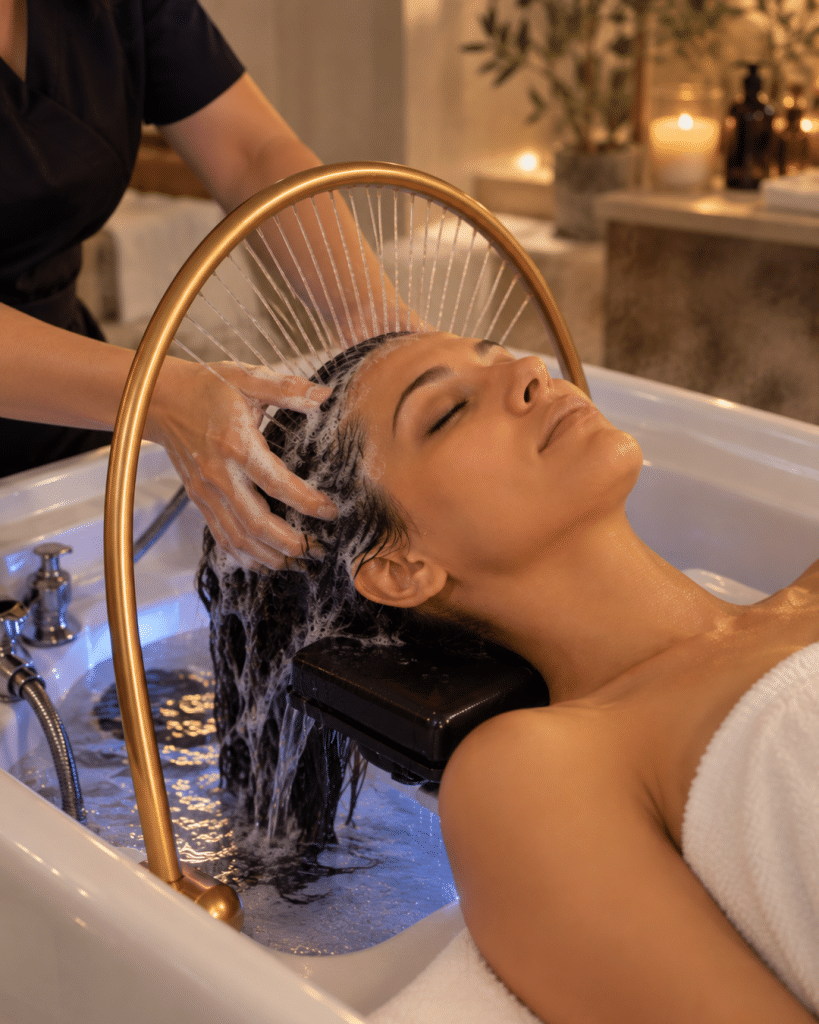 Praticienne effectuant un soin capillaire relaxant avec une douche en cascade circulaire.
