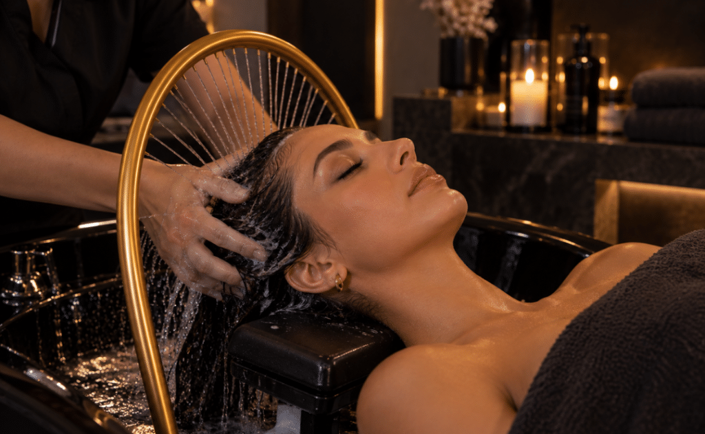 Une femme reçoit un lavage de cheveux apaisant avec un halo d'eau dans un spa.
