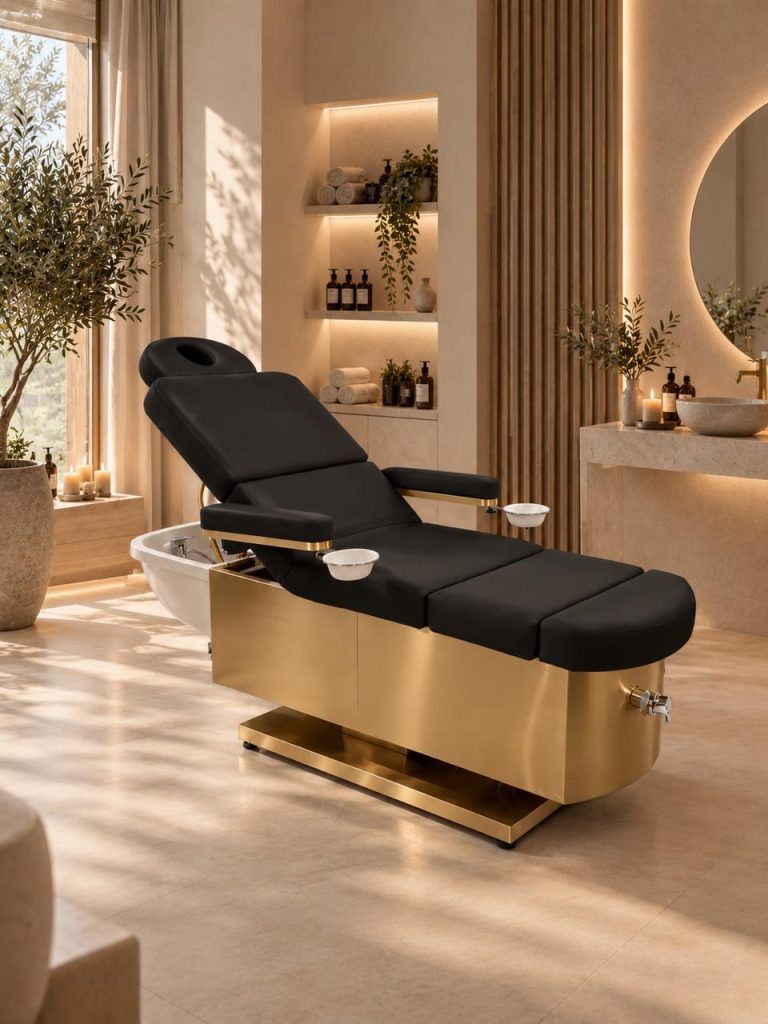 Table head spa professionnelle installée en cabine institut, le poste dédié qui distingue le head spa du hair spa