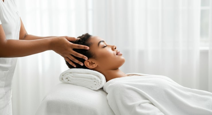 Un professionnel prodigue un massage crânien relaxant sur une personne allongée en institut.