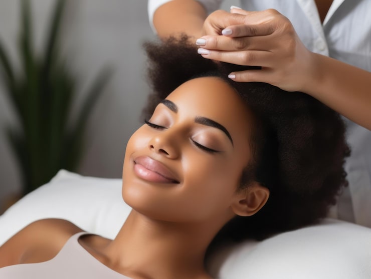 Praticien réalisant un massage crânien relaxant sur une cliente dans une cabine de Head Spa